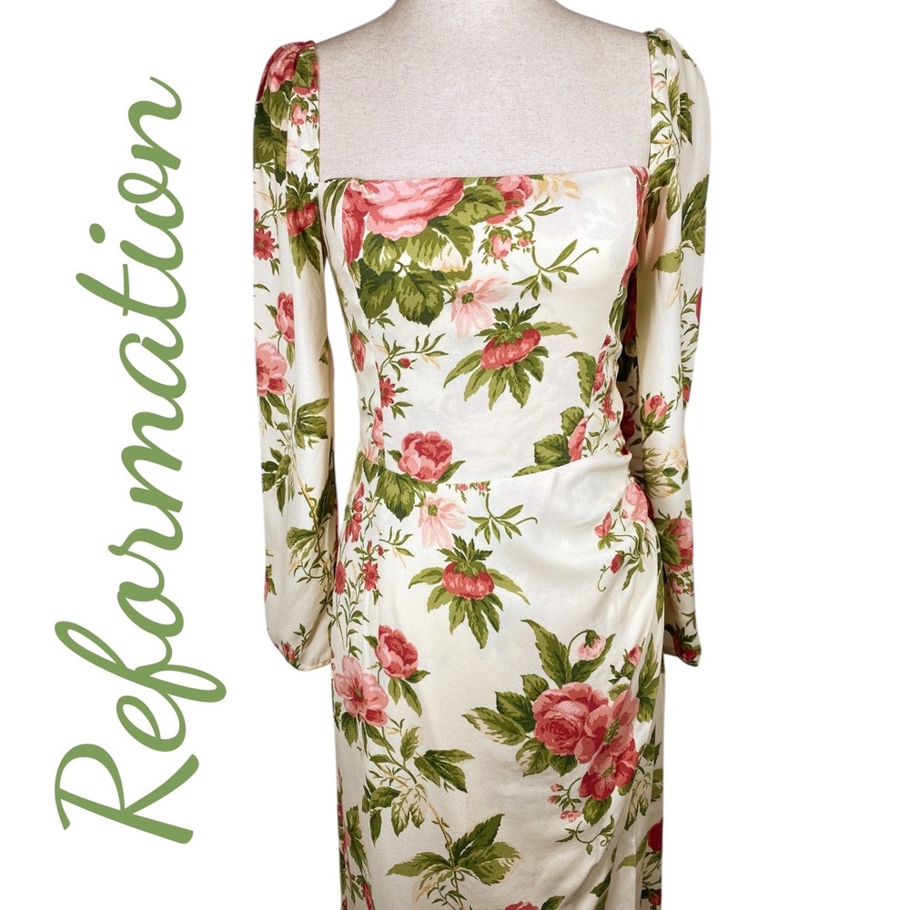 REFORMATION Hilda Floral Midi Square Neck Bodycon Dress Jardin NWT Size 4 - Picture 5 of 14